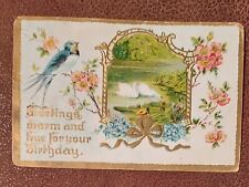 Antique Birthday Greetings Postcard Embossed Bluebird Swans Lake Floral Vintage  picture
