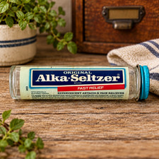 Vintage 1984 Alka-Seltzer Glass Bottle/Jar w/Original Paper Label & Blue Tin Cap picture