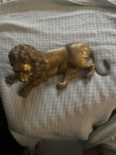 Vintage Large Heavy Cast Brass Lion Laying Down Great Detailing picture