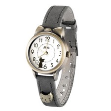 Girls Womens Cat Watch Gray Leather Strap Bowknot Case Japanese Quartz 30M picture