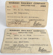 2-1920 & 1921 WABASH RAILWAY EMPLOYEE PASSES, A.J. Plow Car Inspector and Wife picture