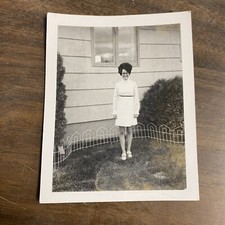 Vintage Snapshot Photo Young Woman In Yard White Dress Glasses Big Hair picture