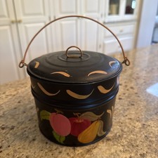 VTG Toleware Metal Bucket with Lid Hand Painted Fruit Signed Artist Signed picture