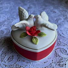 Vintage 1983 Lefton Heart Trinket Box Doves Rose Porcelain Jewelry Dish 03688 picture