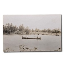 Postcard RPPC Two Men Paddling Canoe on Calm Lake Cyko Stamp Box G30 picture