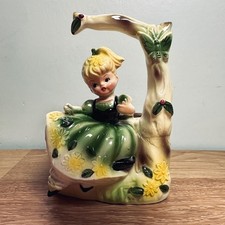 Vintage Ceramic Girl with Tree Planter Green Dress Yellow Daisies Figurine picture