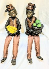 Vintage Resin Monkey Shelf Sitter Set of 2 Figurines Fez Hat  Holding Fruit picture