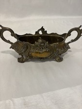 Antique French Art Nouveau Brass Jardiniere Centerpiece Bowl With Handles 8.5” picture