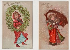 2 Antique Vintage Winter CHRISTMAS POSTCARDS Embossed 1906 Rotograph Co Holiday picture