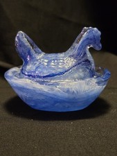 Vintage Mini Cobalt Blue Slag Glass Hen on Nest Salt Cellar 2.5 