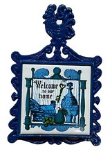 Vtg Japanese Cast Iron Rooster Trivet Blue Ceramic Tile Welcome Farmhouse Decor picture