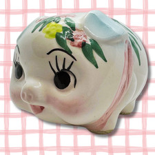 Vintage Pink Blue Piggy Bank Ceramic Japan Floral Mini 4in Cottage Decor EUC picture