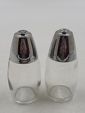 Vtg Retro Cafe Style Gemco Salt and Pepper Shaker  Set Clear Glass Metallic Tops picture