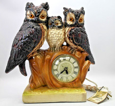 Vtg Lanshire Co. Kitschy Chalkware Plaster 3-Owl Family Clock - Tested & Working picture