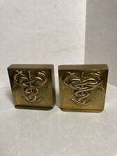Vintage PM Craftsman Doctor Physician Medical Caduceus Serpents Brass 2 Bookends picture