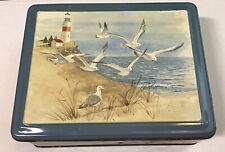 Vtg. Seashore Themed Metal Candy Cookie Tin Box Seagulls Lighthouse picture
