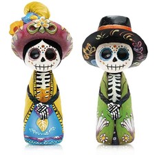 2 Pcs Day of The Dead Figurines Wooden Dia De Los Muertos Skull picture