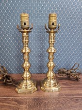 Vintage Pair Solid Brass Candlestick Lamps Ornate Neoclassical Octagonal Base picture