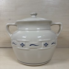 Longaberger Pottery Woven Traditions Heritage Blue Cookie Jar Bean Soup Pot picture