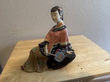Vintage Shiwan Wucai Porcelain Reclining Lady Figurine - Chinese Beauty with Fan picture