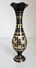 Vintage Etched Brass Metal  Vase Black Gold  Footed Ornate Floral 8
