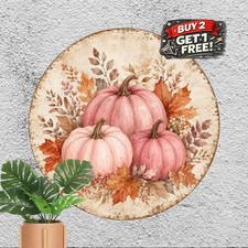 Farmhouse Pink Pumpkin Autumn Leaves Round Sign Metal Tin Sign Plaque picture
