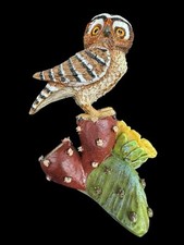 Owl Figurine Perched on Prickly Pear Cactus Resin Signed Artist Qaham 2008 picture