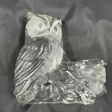 Viking Art Glass Owl Figurine MCM Clear Frosted Art Glass Paperweight Bookend picture