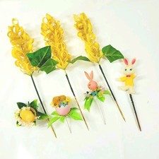 Vintage 1960s Easter Floral Lupine, Flocked Rabbit And Chick Picks Kitschy Decor picture