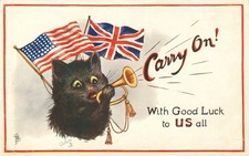 Black Cat blowing bugle 1918 U.S.A. & U.K. Flags 'CARRY ON' Postcard Antique N picture