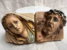 2 Square Chalkware Wall Plaques Vintage Crucifixion Jesus Sorrowful Virgin Mary picture