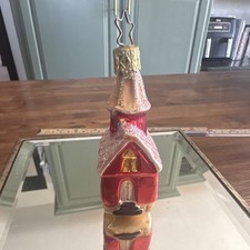 Vintage West Germany Blown Glass Church Christmas Ornament Red Mica Snow Steeple picture