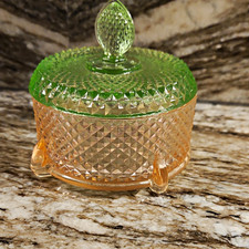 Antique Green & Pink Pressed Glass Powder Jar w/ Finial Lid, New Martinsville picture