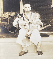 1920s Man in Robe & Slippers w/ Boston Terrier Dog & Cute Baby on Lap Orig Photo picture