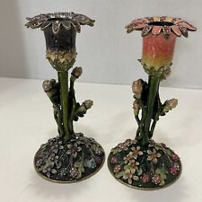 Pair Of 2 Folio Home Austrian Crystals & Enamel Pink Purple Flower Candle Holder picture