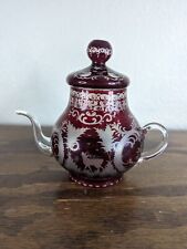Bohemian Czech Ruby Cased Cut Glass Teapot with Stag 40s Vintage 9