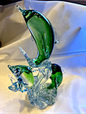 Murano Style Sommerso Emerald Green Encased Glass 3 Dolphins Wave Figurine 10