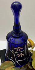 Fenton Cobalt Blue Sparkle Glitter Hand Painted Glass Bell Floral Flowers Signed picture