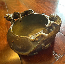 Antique Chinese Oriental Bronze Ashtray Bowl Pot Dragon Figures, Marked Base picture