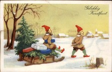 New Year's Two Elves with Sleigh Winter Scene c1910s-20s Vintage Postcard picture