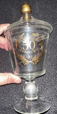 Vintage 50th Golden Anniversary Stemmed Candy Glass W/ Lid & Gold Knob 8” picture