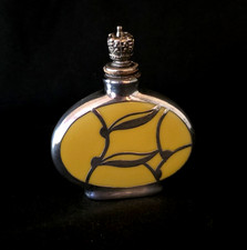 Vintage Antique Perfume Bottle German Yellow Enamel Crown Top Silver Overlay WOW picture
