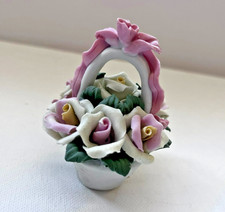 Vintage Porcelain Bisque Ceramic Flowers in a Basket Trinket 2.5