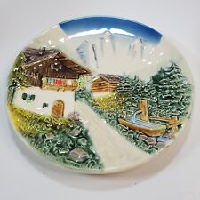 Vtg W Germany Hand Painted Majolica Decorative Plate Cabin Snowy Mountains 3D picture
