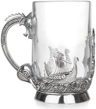 A E Williams Stunning Pewter &Glass Pint Tankard, Viking & Longship 2.36