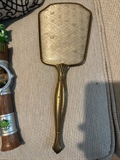 VTG 1940s-1950s Hand Held Brass Vanity Mirror Ornate Gold Designed Back picture