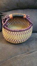 African  Alaffia Bolga Basket Woven Grass & Leather Wrapped Handle 2016 picture