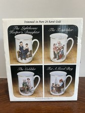 Vintage 1982 Norman Rockwell Museum Mug Set of 4 w/Box 24K Gold Trim Porcelain. picture