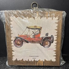 NEW NOS VTG Picture of 1910 Cadillac Car Decoupage On Wood Wall Hanging Plaque picture