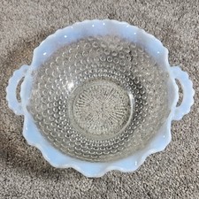 Anchor Hocking Hobnail Bowl White Opalescent Ruffled Edge Clear Glass Vintage picture